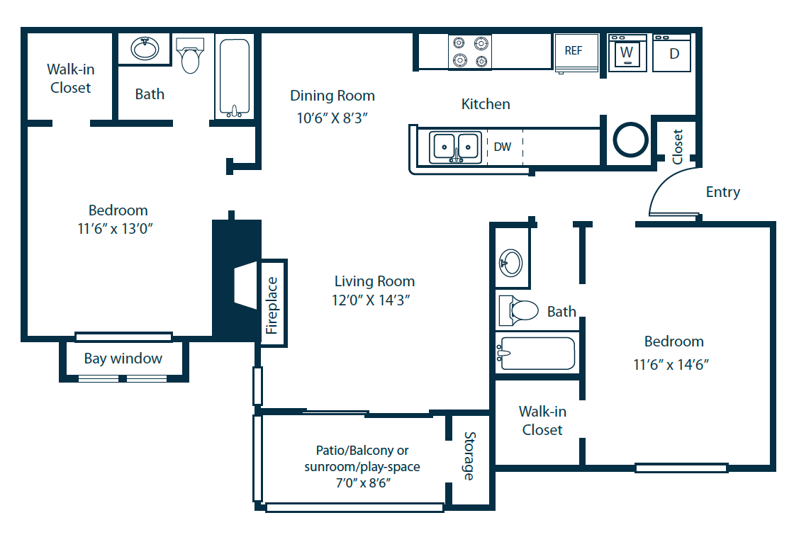 Floor plan for 2 beds, 2 baths, 1105 sqft
